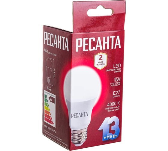 Светодиодная лампа Ресанта LL-R-A60-13W-230-4K-E27 (груша, 13Вт, нейтр., Е27) 76/1/18