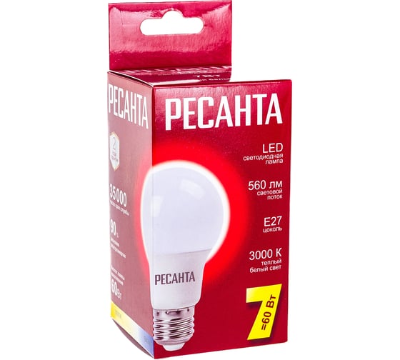 Светодиодная лампа Ресанта LL-R-A60-7W-230-3K-E27 (груша, 7Вт, тепл., Е27) 76/1/11