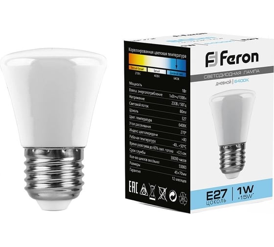 Светодиодная лампа FERON 1W 230V E27 6400K, LB-372 25910 1