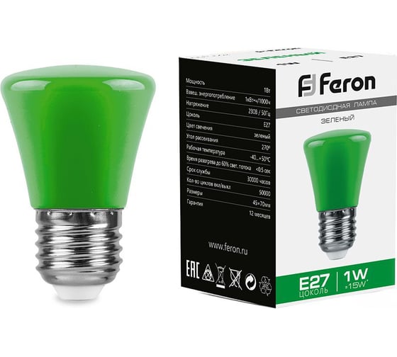 Светодиодная лампа FERON 1W 230V E27 зеленый, LB-372 25912