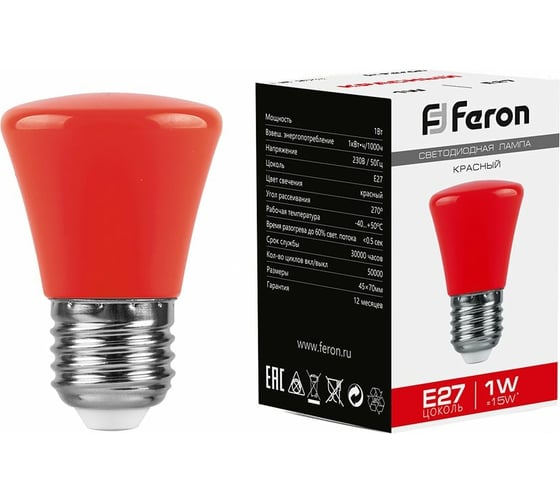 Светодиодная лампа FERON 1W 230V E27 красный, LB-372 25911 1