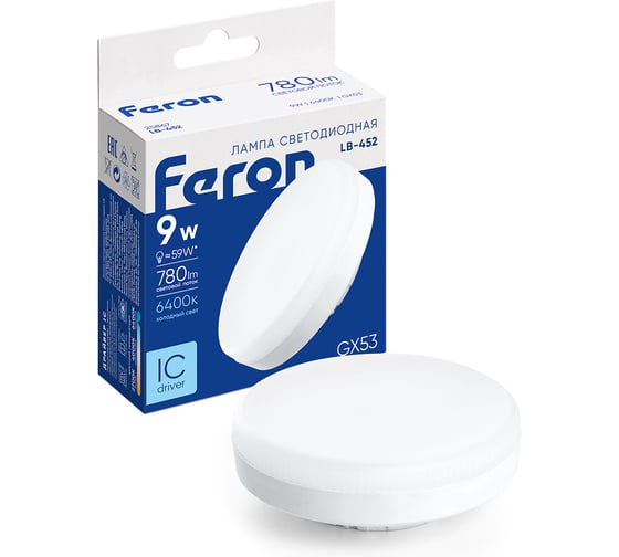 Светодиодная лампа FERON 9W 230V GX53 6400K, LB-452 25867