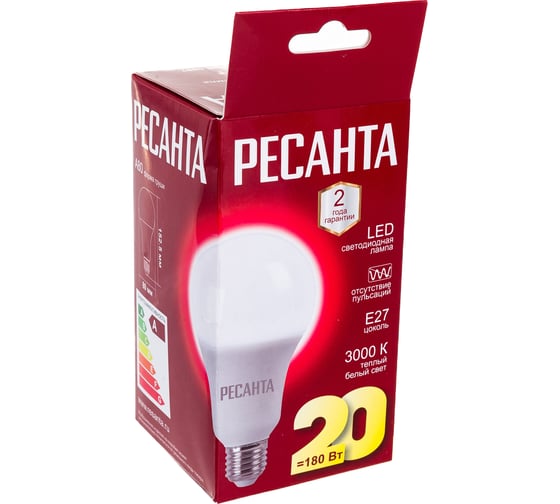 Светодиодная лампа Ресанта LL-R-A80-20W-230-3K-E27 (груша, 20Вт, тепл., Е27) 76/1/21