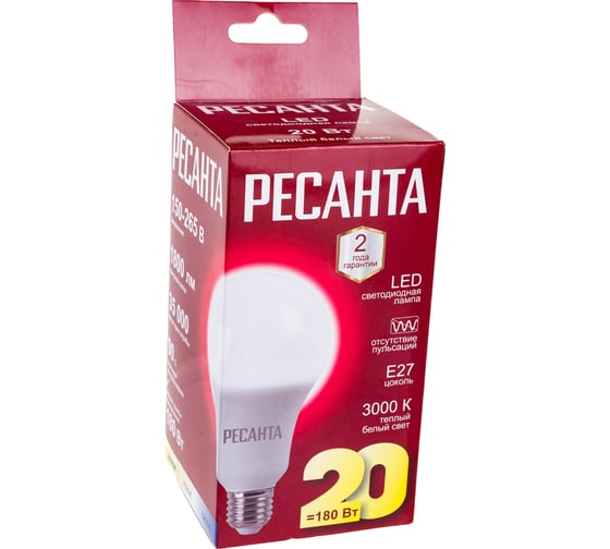 Светодиодная лампа Ресанта LL-R-A80-20W-230-3K-E27 (груша, 20Вт, тепл., Е27) 76/1/21