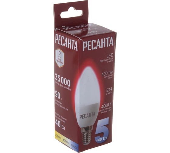 Светодиодная лампа Ресанта LL-R-C37-5W-230-4K-E14 (свеча, 5Вт, нейтр., Е14) 76/1/2