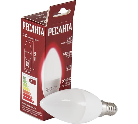 Светодиодная лампа Ресанта LL-R-C37-6W-230-3K-E14 (свеча, 6Вт, теплый, Е14) 76/1/3