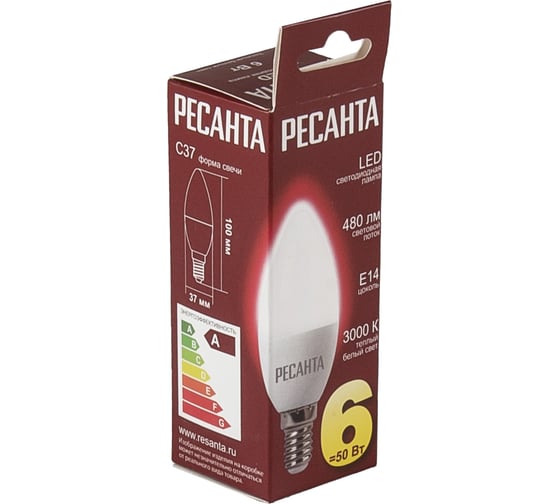 Светодиодная лампа Ресанта LL-R-C37-6W-230-3K-E14 (свеча, 6Вт, теплый, Е14) 76/1/3