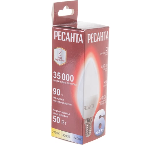Светодиодная лампа Ресанта LL-R-C37-6W-230-4K-E14 (свеча, 6Вт, нейтр., Е14) 76/1/4