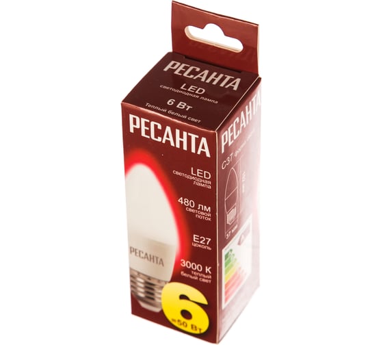 Светодиодная лампа Ресанта LL-R-C37-6W-230-3K-E27 (свеча, 6Вт, тепл., Е27) 76/1/9