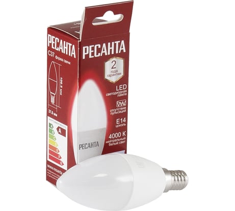 Светодиодная лампа Ресанта LL-R-C37-7W-230-4K-E14 (свеча, 7Вт, нейтр., Е14) 76/1/7