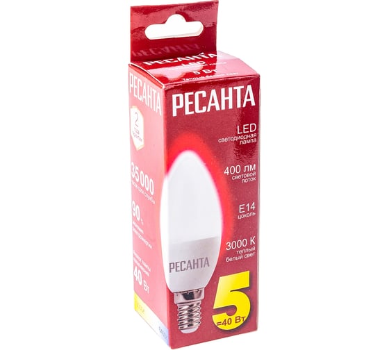 Светодиодная лампа Ресанта LL-R-C37-5W-230-3K-E14 (свеча, 5Вт, тепл., Е14) 76/1/1
