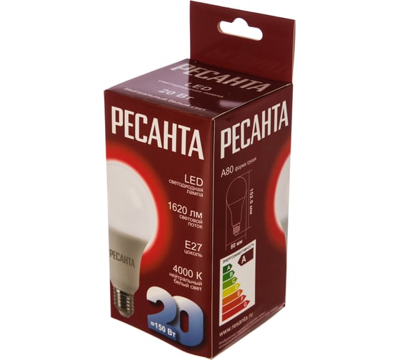 Светодиодная лампа Ресанта LL-R-A80-20W-230-4K-E27 (груша, 20Вт, нейтр., Е27) 76/1/22
