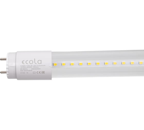 Светодиодная лампа Ecola T8 premium, g13, led, 12,5w, 220v, 4000k, с поворотными цоколями, прозрачное стекло, 605x28 упак.инд.цв.8/24 CQ8V12ELB