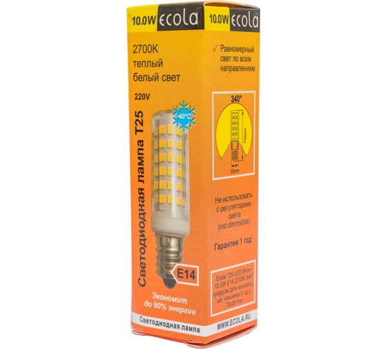 Светодиодная лампа Ecola T25 led micro 10.0w, e14, 2700k, 340, кукуруза, для холодильника, швейной машинки и т.д., 70x20 mm B4TW10ELC