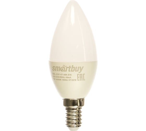 Светодиодная лампа Smartbuy LED C37-07W/4000/E14 SBL-C37-07-40K-E14 - выгодная цена, отзывы, характеристики, фото - купить в Москве и РФ