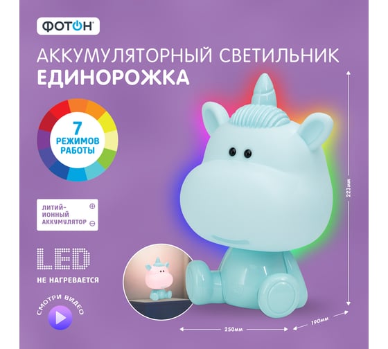 Детский аккумуляторный ночник для сна ФОТОН Единорожка, голубой 25389