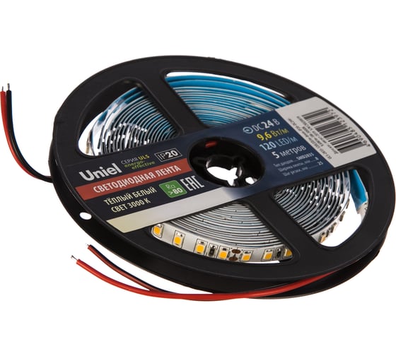 Гибкая светодиодная лента Uniel катушка 5м ULS-2835-120LED/m-8mm-IP20-DC24V-9,6W/m-5M-3000K UL-00005872