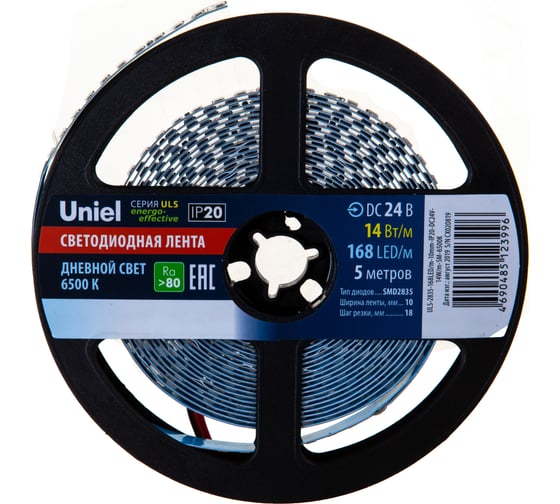 Гибкая светодиодная лента Uniel катушка 5м ULS-2835-168LED/m-10mm-IP20-DC24V-14W/m-5M-6500K UL-00005873