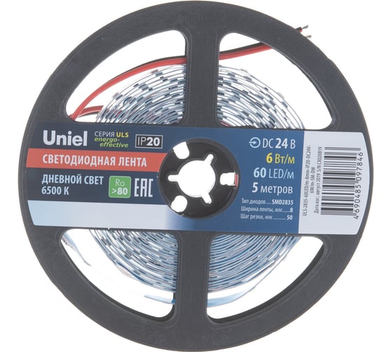 Гибкая светодиодная лента Uniel катушка 5м UL-00002969 ULS-2835-60LED/m-8mm-IP20-DC24V-6W/m-5M-DW UL-00002969