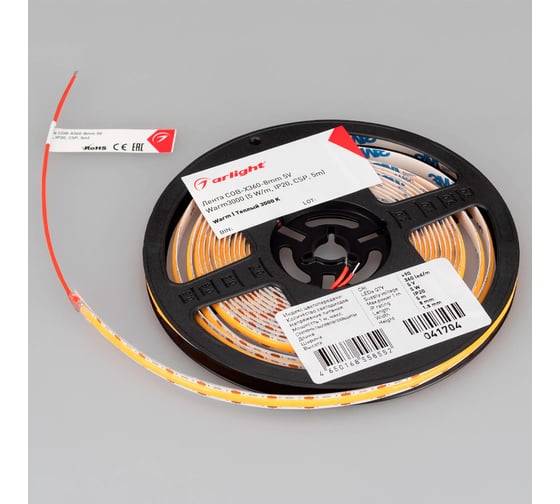 Светодиодная лента Arlight COB-X360-8mm 5V Warm3000 5м 041704