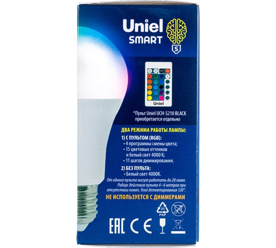 Светодиодная лампа Uniel LED-A60-10W/RGB/E27/REG PLS21WH с ИК сенсором UL-00006530