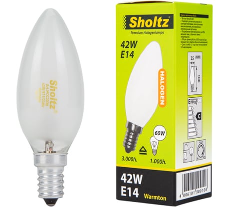 Галогенная лампа Sholtz свеча E14 42Вт 2800K 220В DIMM, матовая HOC2038