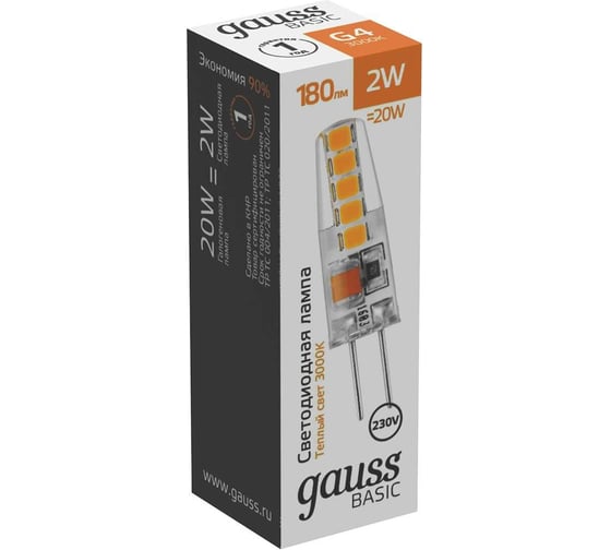 Лампа Gauss basic g4 ac220-240v 2w 180lm 3000k силикон led 1/20/200 1169712