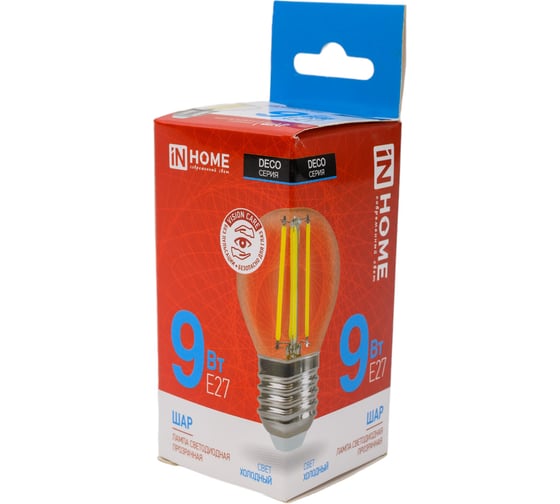 Лампа IN HOME СД LED-ШАР-deco 9 Вт, 230 В, Е27 6500 К, 1040 Лм, прозрачная 4690612036441