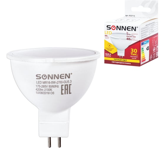 Светодиодная лампа SONNEN 5 Вт, цоколь GU5.3, теплый белый свет, LED MR16-5W-2700-GU5.3, 453713