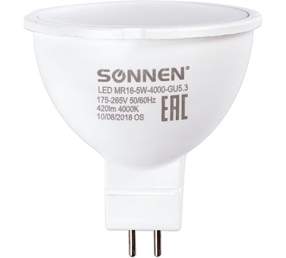 Светодиодная лампа SONNEN 5 Вт, цоколь GU5.3, холодный белый свет, LED MR16-5W-4000-GU5.3, 453714
