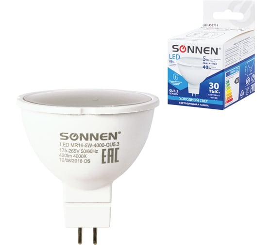Светодиодная лампа SONNEN 5 Вт, цоколь GU5.3, холодный белый свет, LED MR16-5W-4000-GU5.3, 453714