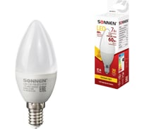 Светодиодная лампа SONNEN 7 Вт, цоколь Е14, свеча, теплый белый свет, LED C37-7W-2700-E14, 453711