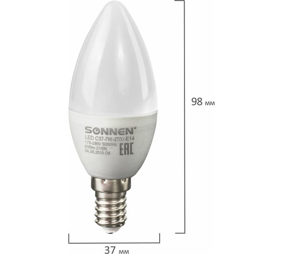Светодиодная лампа SONNEN 7 Вт, цоколь Е14, свеча, теплый белый свет, LED C37-7W-2700-E14, 453711