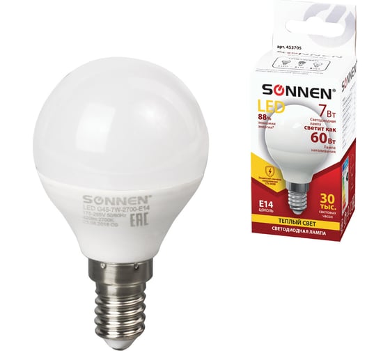 Светодиодная лампа SONNEN 7 Вт, цоколь Е14, шар, теплый белый свет, LED G45-7W-2700-E14, 453705