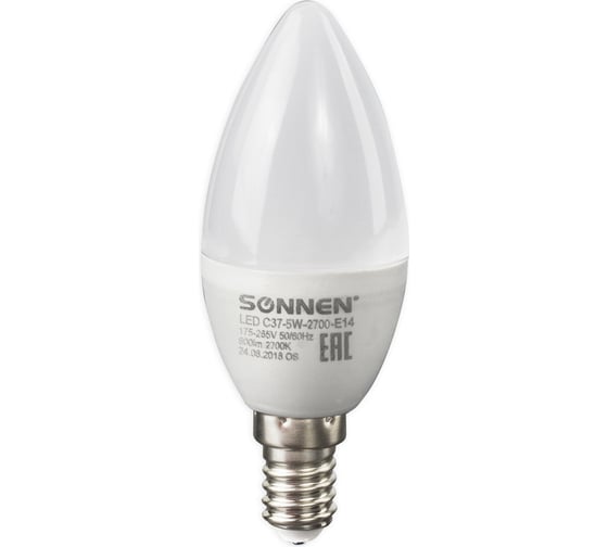 Светодиодная лампа SONNEN 5 Вт, цоколь Е14, свеча, теплый белый свет, LED C37-5W-2700-E14, 453709