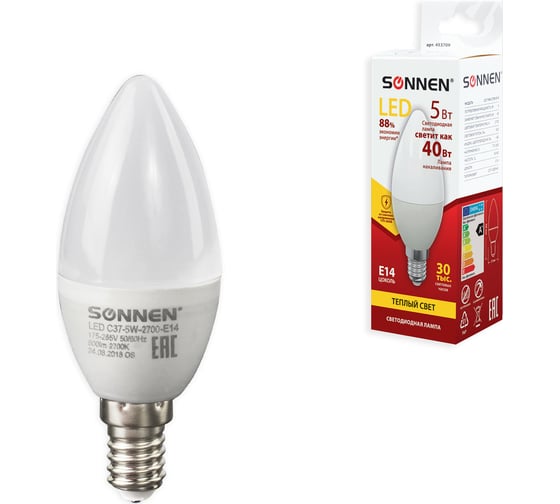 Светодиодная лампа SONNEN 5 Вт, цоколь Е14, свеча, теплый белый свет, LED C37-5W-2700-E14, 453709