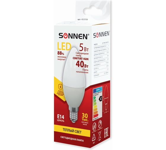 Светодиодная лампа SONNEN 5 Вт, цоколь Е14, свеча, теплый белый свет, LED C37-5W-2700-E14, 453709