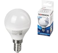 Светодиодная лампа SONNEN 7 Вт, цоколь Е14, шар, холодный белый свет, LED G45-7W-4000-E14, 453706