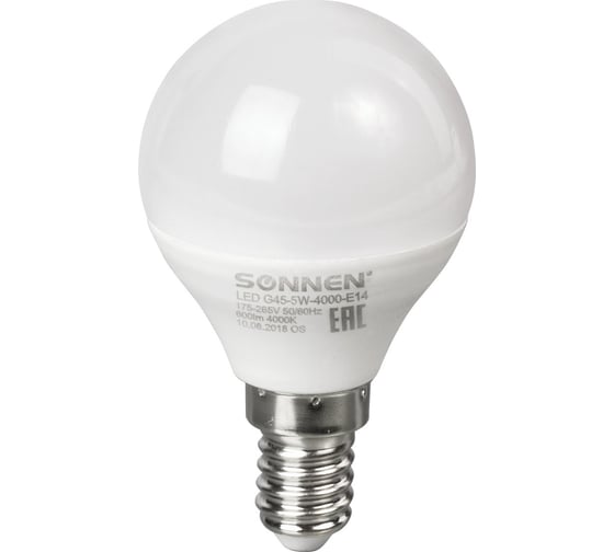Светодиодная лампа SONNEN 5 Вт, цоколь E14, шар, холодный белый свет, LED G45-5W-4000-E14, 453702