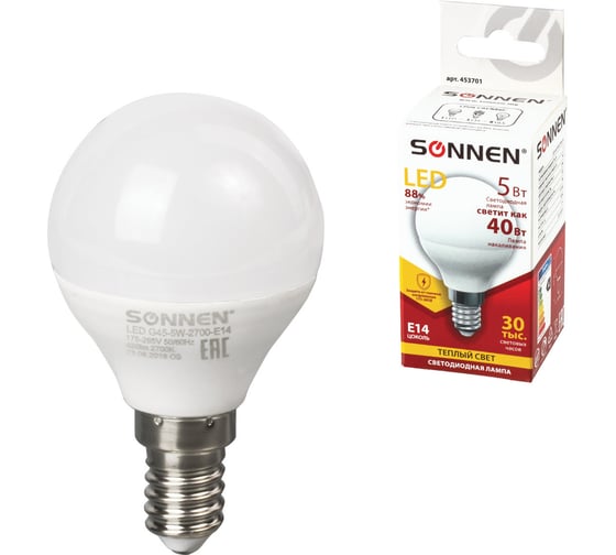 Светодиодная лампа SONNEN 5 Вт, цоколь E14, шар, теплый белый свет, LED G45-5W-2700-E14, 453701