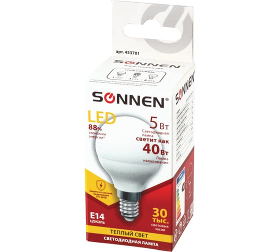 Светодиодная лампа SONNEN 5 Вт, цоколь E14, шар, теплый белый свет, LED G45-5W-2700-E14, 453701