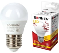 Светодиодная лампа SONNEN 5 Вт, цоколь E27, шар, теплый белый свет, LED G45-5W-2700-E27, 453699