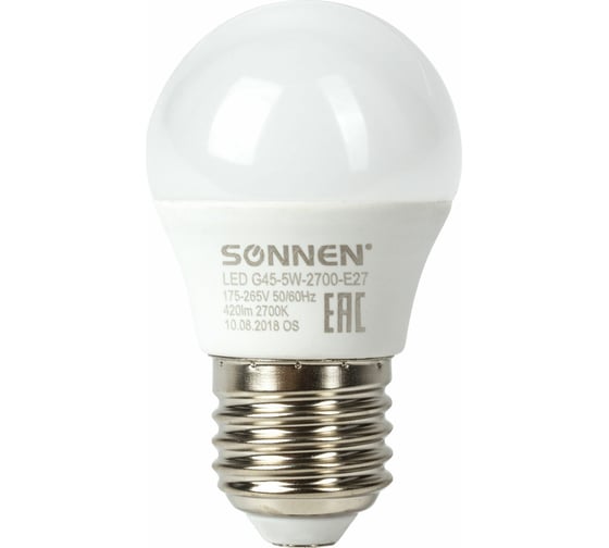 Светодиодная лампа SONNEN 5 Вт, цоколь E27, шар, теплый белый свет, LED G45-5W-2700-E27, 453699