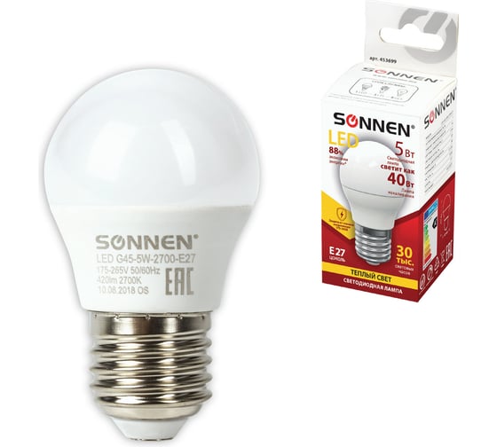 Светодиодная лампа SONNEN 5 Вт, цоколь E27, шар, теплый белый свет, LED G45-5W-2700-E27, 453699
