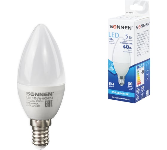 Светодиодная лампа SONNEN 5 Вт, цоколь Е14, свеча, холодный белый свет, LED C37-5W-4000-E14, 453710