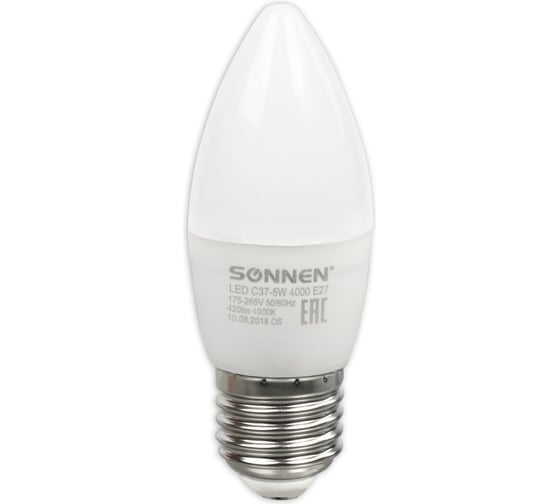 Светодиодная лампа SONNEN 5 Вт, цоколь E27, свеча, холодный белый свет, LED C37-5W-4000-E27, 453708