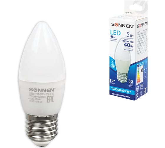 Светодиодная лампа SONNEN 5 Вт, цоколь E27, свеча, холодный белый свет, LED C37-5W-4000-E27, 453708