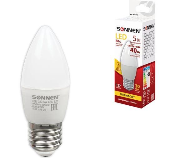 Светодиодная лампа SONNEN 5 Вт, цоколь E27, свеча, теплый белый свет, LED C37-5W-2700-E27, 453707