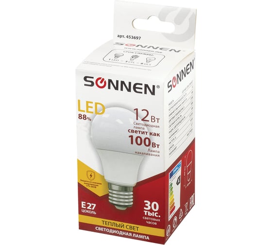 Светодиодная лампа SONNEN 12Вт, цоколь Е27, грушевидная, теплый белый свет, LED A60-12W-2700-E27 453697