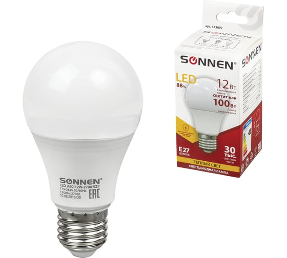 Светодиодная лампа SONNEN 12Вт, цоколь Е27, грушевидная, теплый белый свет, LED A60-12W-2700-E27 453697